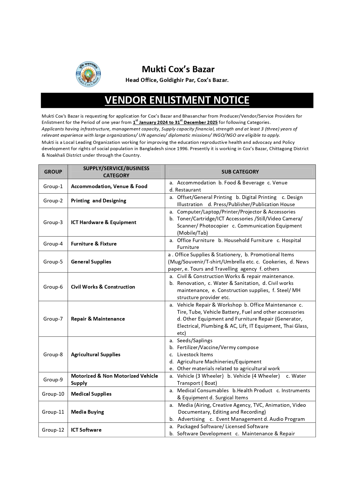 Vendor Enlistment  1 st January 2024 to 31st December 2025